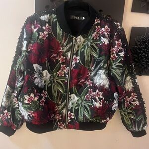 Floral Embellished Bomber Jacket - Black with Red & Green Floral